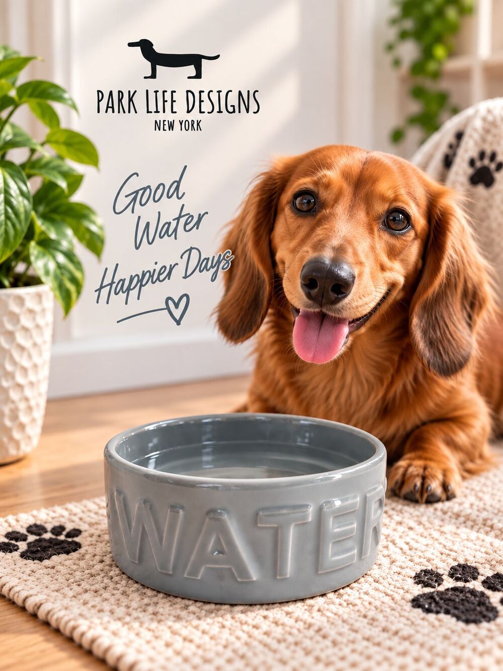 Park Life Designs Ceramic Dog Water Bowl Gray Raised WATER Lettering 5" Pet Dish